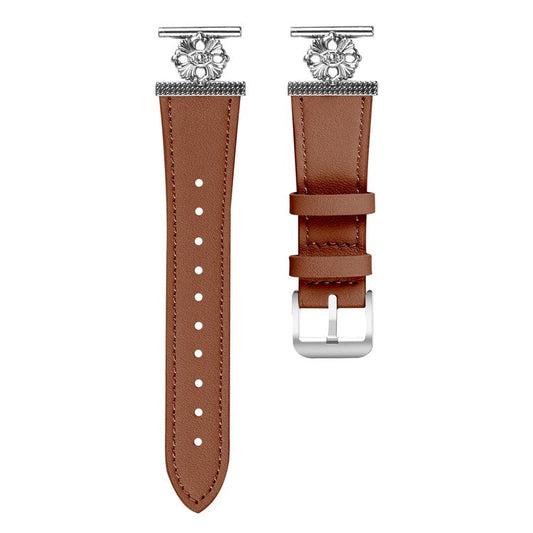 For Garmin Vivoactive 3 / 3 Music Watch Band Genuine Cow Leather Flower Decor Adjustable Strap - Brown