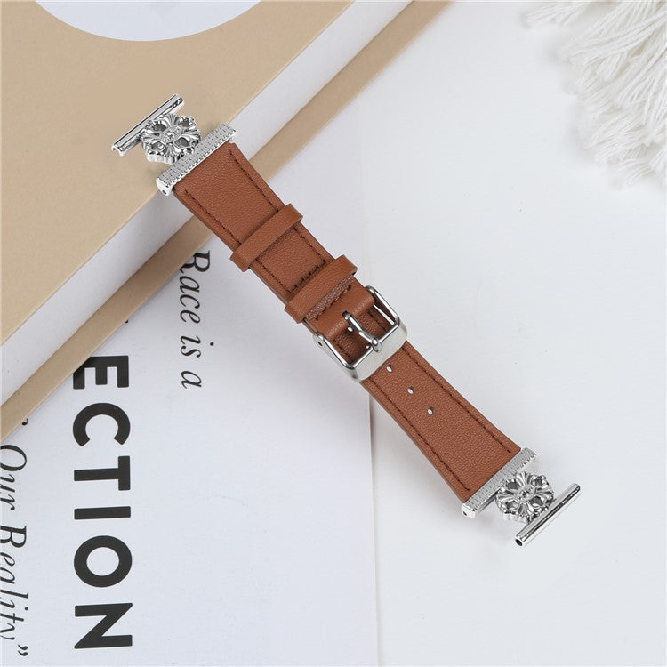 For Garmin Vivoactive 3 / 3 Music Watch Band Genuine Cow Leather Flower Decor Adjustable Strap - Brown