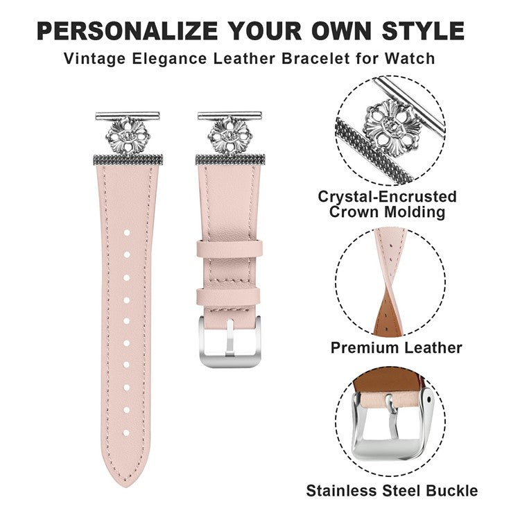 For Huami Amazfit Bip U Watch Band Genuine Cow Leather Flower Decor Adjustable Strap - Pink