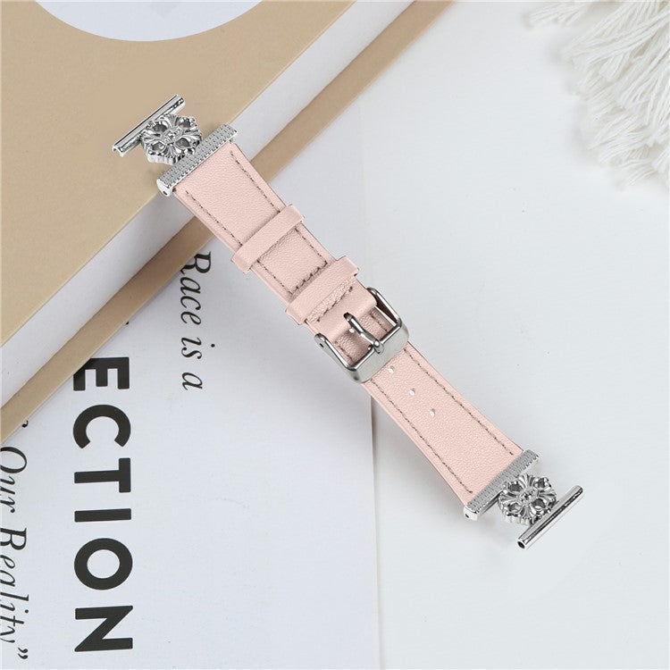 For Huami Amazfit Bip U Watch Band Genuine Cow Leather Flower Decor Adjustable Strap - Pink