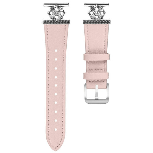 For Verizon GizmoWatch Disney Edition Watch Band Genuine Cow Leather Flower Decor Adjustable Strap - Pink