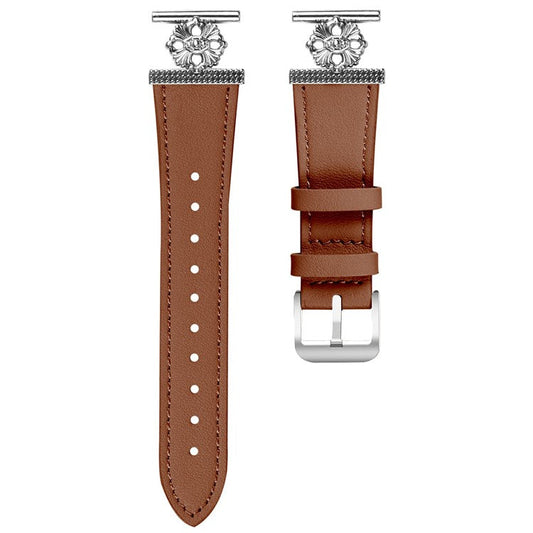 For Verizon GizmoWatch Disney Edition Watch Band Genuine Cow Leather Flower Decor Adjustable Strap - Brown