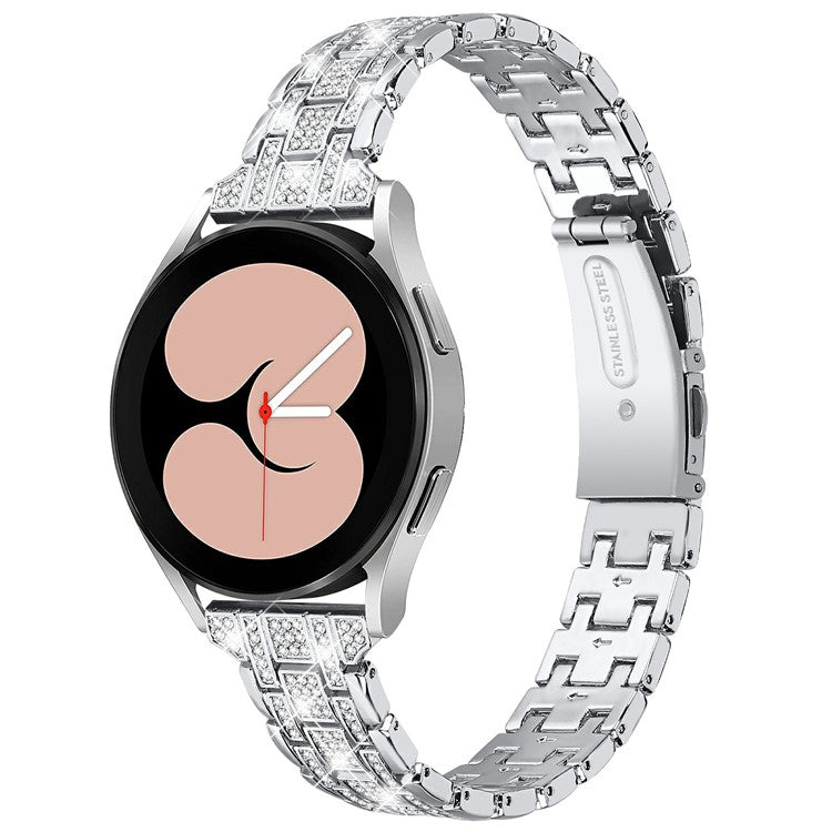 For Samsung Galaxy Watch7 44mm / 40mm Watch Band Rhinestone Decor Double Snap Smart Watch Strap - Silver