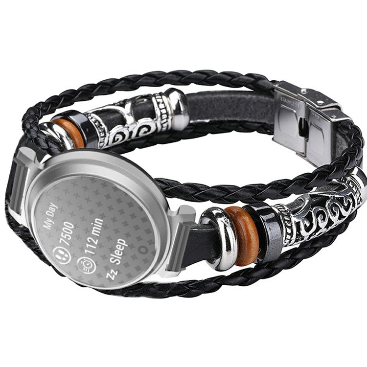 For Garmin Lily 2 Ethnic Band Bracelet Leather+Metal Wrist Strap - Black