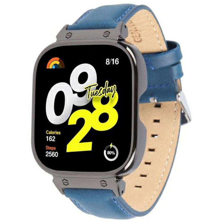 For Xiaomi Redmi Watch 4 Genuine Cow Leather Replacement Strap with Black Metal Watch Case - Blue