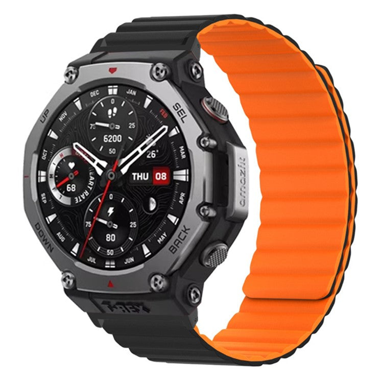 For Huami Amazfit T-Rex 3 Watch Band Adjustable Magnetic Silicone Wrist Strap with Connector - Black  /  Orange