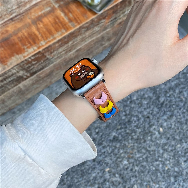 Heart Cowhide Leather Strap for Apple Watch Series 10 46mm  /  Ultra 2  /   Ultra 49mm  /  9 8 7 45mm  /  SE (2023) SE (2022) SE 6 5 4 44mm  /  3 2 1 42mm - Brown+Multi-Color