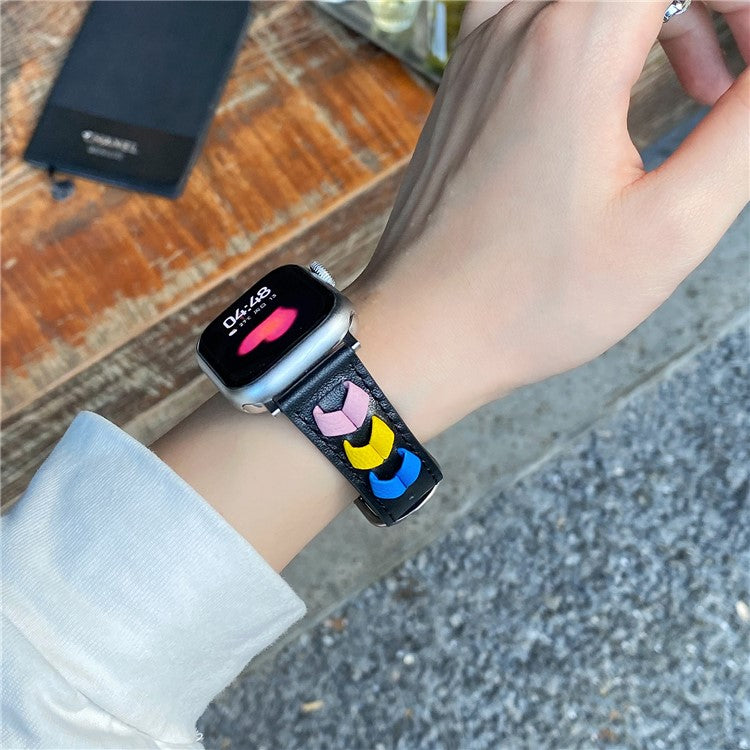 Heart Cowhide Leather Strap for Apple Watch Series 10 46mm  /  Ultra 2  /   Ultra 49mm  /  9 8 7 45mm  /  SE (2023) SE (2022) SE 6 5 4 44mm  /  3 2 1 42mm - Black+Multi-color