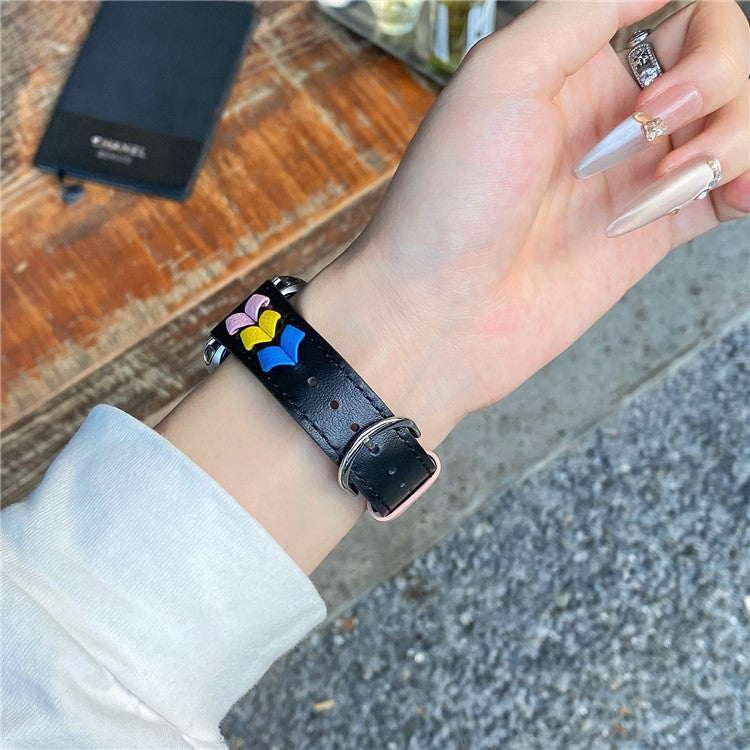 Heart Cowhide Leather Strap for Apple Watch Series 10 46mm  /  Ultra 2  /   Ultra 49mm  /  9 8 7 45mm  /  SE (2023) SE (2022) SE 6 5 4 44mm  /  3 2 1 42mm - Black+Multi-color