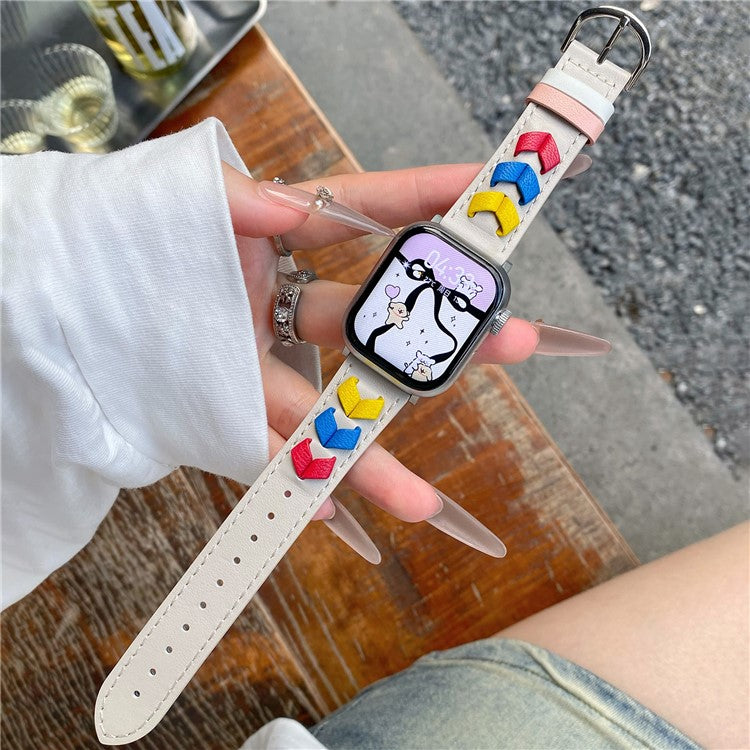 Heart Cowhide Leather Strap for Apple Watch Series 10 42mm  /  9 8 7 41mm  /  SE (2023) SE (2022) SE 6 5 4 40mm  /  3 2 1 38mm - Beige+Multi-color