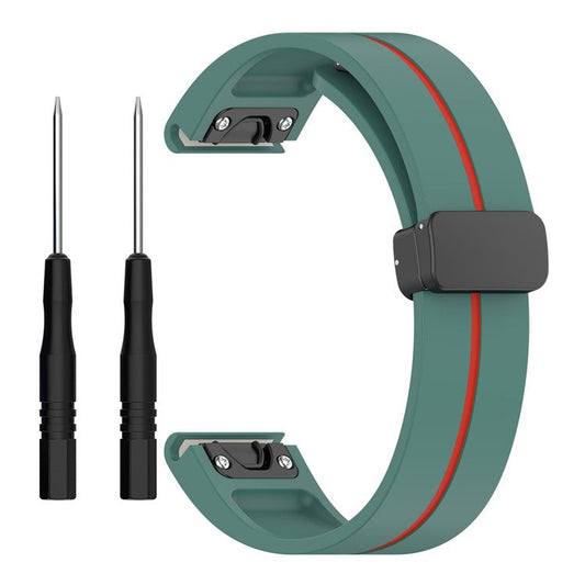20mm Watch Strap For Garmin Fenix 8 43mm  /  Fenix 7S  /  6S Silicone Watchband with Magnetic Black Buckle - Olive Green  /  Red