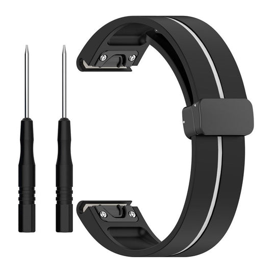 26mm Watch Strap For Garmin Fenix 8 51mm  /  Fenix 7X  /  6X Silicone Watchband with Magnetic Black Buckle - Black  /  White