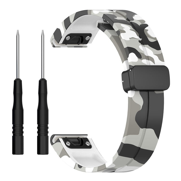 22mm Watch Strap For Garmin Fenix 8 47mm  /  Fenix 7  /  6 Camouflage Silicone Watchband with Magnetic Black Buckle - Camo White