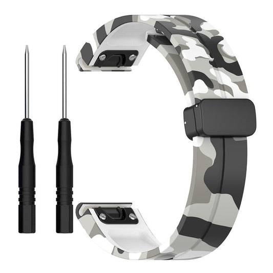 22mm Watch Strap For Garmin Fenix 8 47mm  /  Fenix 7  /  6 Camouflage Silicone Watchband with Magnetic Black Buckle - Camo White