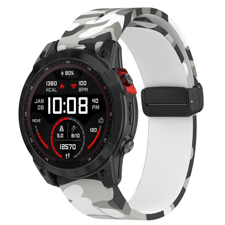 22mm Watch Strap For Garmin Fenix 8 47mm  /  Fenix 7  /  6 Camouflage Silicone Watchband with Magnetic Black Buckle - Camo White
