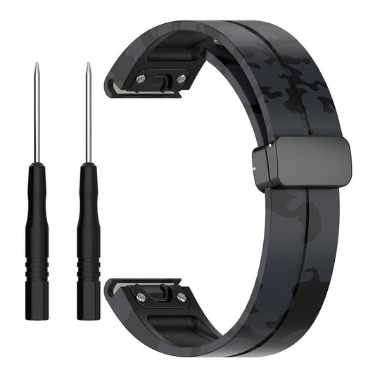 22mm Watch Strap For Garmin Fenix 8 47mm  /  Fenix 7  /  6 Camouflage Silicone Watchband with Magnetic Black Buckle - Camo Grey