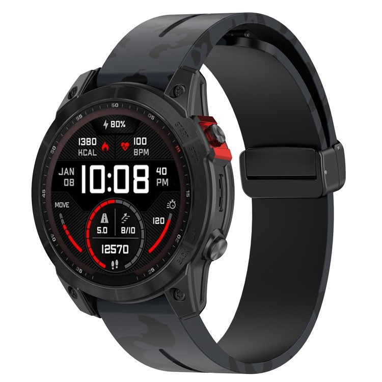 22mm Watch Strap For Garmin Fenix 8 47mm  /  Fenix 7  /  6 Camouflage Silicone Watchband with Magnetic Black Buckle - Camo Grey