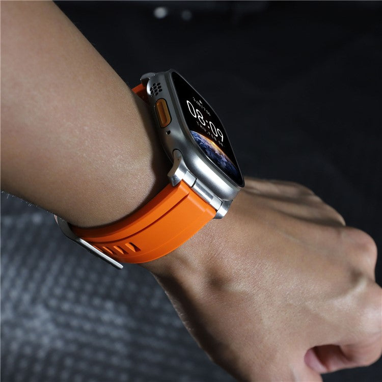 Silicone Strap for Apple Watch Series 10 46mm  /  Ultra 2 Ultra 49mm  /  Series 9 8 7 45mm  /  SE (2023) SE (2022) SE 6 5 4 44mm  /  3 2 1 42mm - Orange+Silver Connector