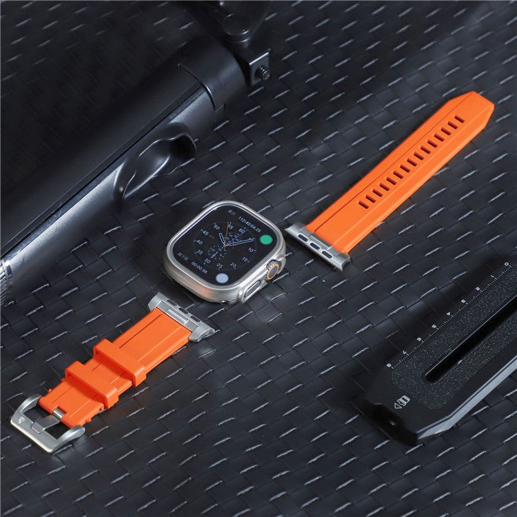 Silicone Strap for Apple Watch Series 10 46mm  /  Ultra 2 Ultra 49mm  /  Series 9 8 7 45mm  /  SE (2023) SE (2022) SE 6 5 4 44mm  /  3 2 1 42mm - Orange+Silver Connector