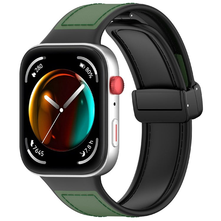 For Huawei Watch Fit 3 Watch Band Magnetic Buckle Leather Coated Silicone Strap with Metal Connector - Green