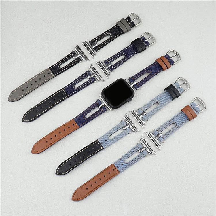 Denim+Leather Watch Strap for Apple Watch Series 10 46mm  /  Ultra 2  /  Ultra 49mm  /  9 8 7 45mm  /  SE (2023) SE (2022) SE 6 5 4 44mm  /  3 2 1 42mm - Light Blue+Brown