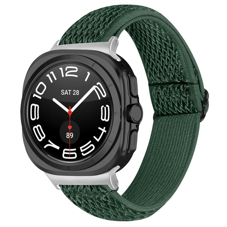 For Samsung Galaxy Watch Ultra 47mm Nylon Watch Band Adjustable Elastic Wrist Strap with Silver Connector - Army Green