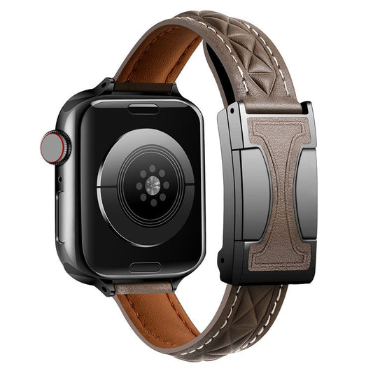 Genuine Leather Watch Band For Apple Watch Series 10 46mm  /  Ultra 2 Ultra 49mm  /  Series 9 8 7 45mm  /  SE (2023) SE (2022) SE 6 5 4 44mm  /  3 2 1 42mm Strap with Magnetic Double C Buckle - Dark Coffee