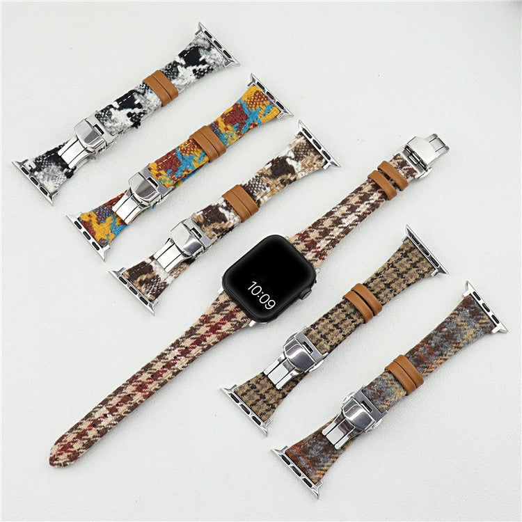 Wool+Leather Strap for Apple Watch Series 10 46mm  /  Ultra 2  /  Ultra 49mm  /  9 8 7 45mm  /  SE (2023) SE (2022) SE 6 5 4 44mm  /  3 2 1 42mm Houndstooth Pattern - Multi-color