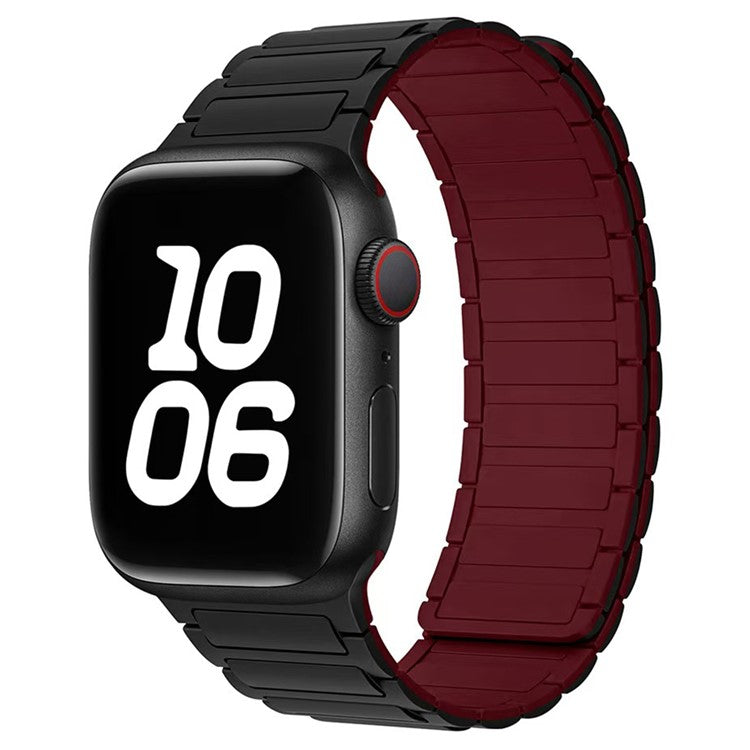 Magnetic Silicone Watch Band for Apple Watch Series 10 Ultra 9 8 7 SE 6 5 4 3 2 1 46mm 49mm 45mm 44mm 42mm Three-Bead Design - Black  /  Wine Red