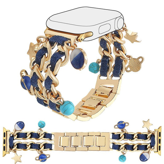 Watch Strap for Apple Watch Series 10 9 8 7 SE 6 5 4 3 2 1 42mm 41mm 40mm 38mm Women Denim+Alloy Bracelet Band - Gold+Dark Denim