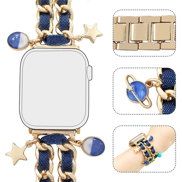 Watch Strap for Apple Watch Series 10 9 8 7 SE 6 5 4 3 2 1 42mm 41mm 40mm 38mm Women Denim+Alloy Bracelet Band - Gold+Dark Denim