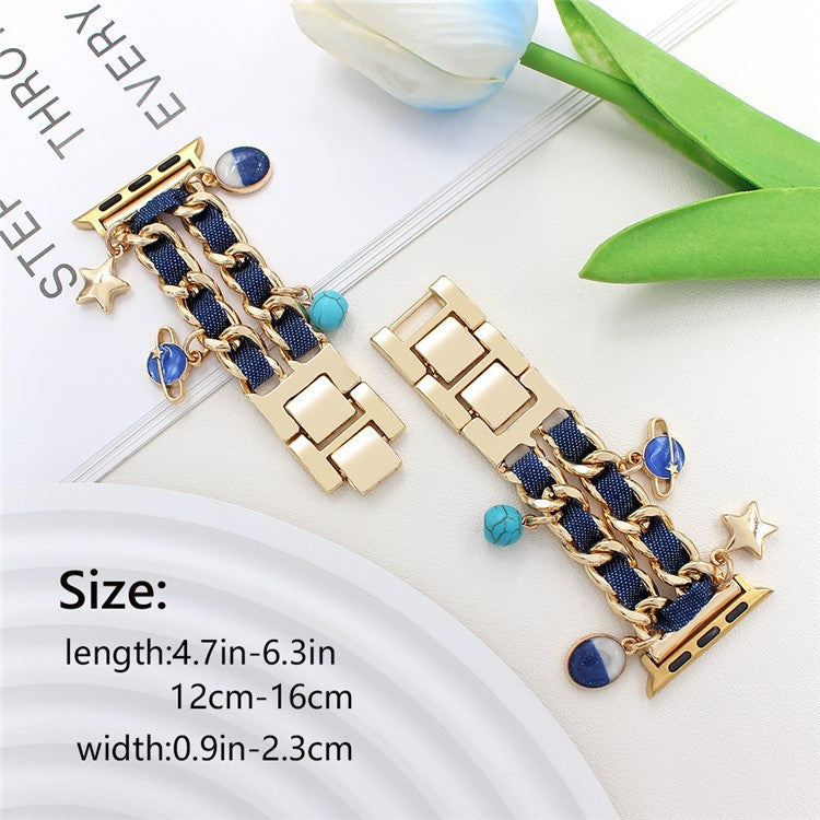 Watch Strap for Apple Watch Series 10 9 8 7 SE 6 5 4 3 2 1 42mm 41mm 40mm 38mm Women Denim+Alloy Bracelet Band - Gold+Dark Denim