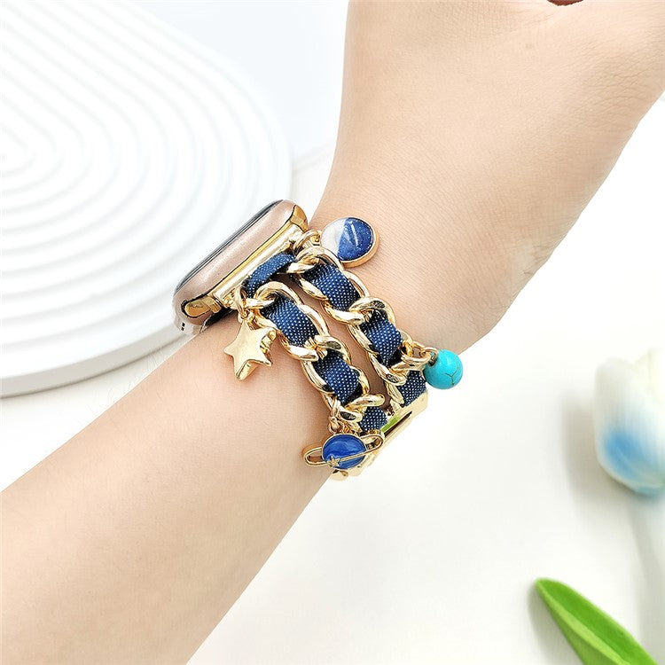 Watch Strap for Apple Watch Series 10 9 8 7 SE 6 5 4 3 2 1 42mm 41mm 40mm 38mm Women Denim+Alloy Bracelet Band - Gold+Dark Denim