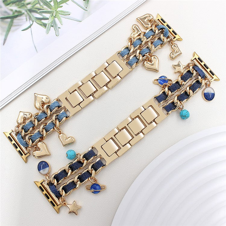 Watch Strap for Apple Watch Series 10 9 8 7 SE 6 5 4 3 2 1 42mm 41mm 40mm 38mm Women Denim+Alloy Bracelet Band - Gold+Dark Denim