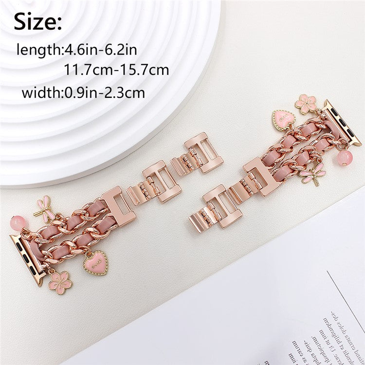 Watch Strap for Apple Watch Series 10 Ultra 9 8 7 SE 6 5 4 3 2 1 46mm 49mm 45mm 44mm 42mm Alloy+Leather Band with Butterfly and Flower Pendant - Rose Gold