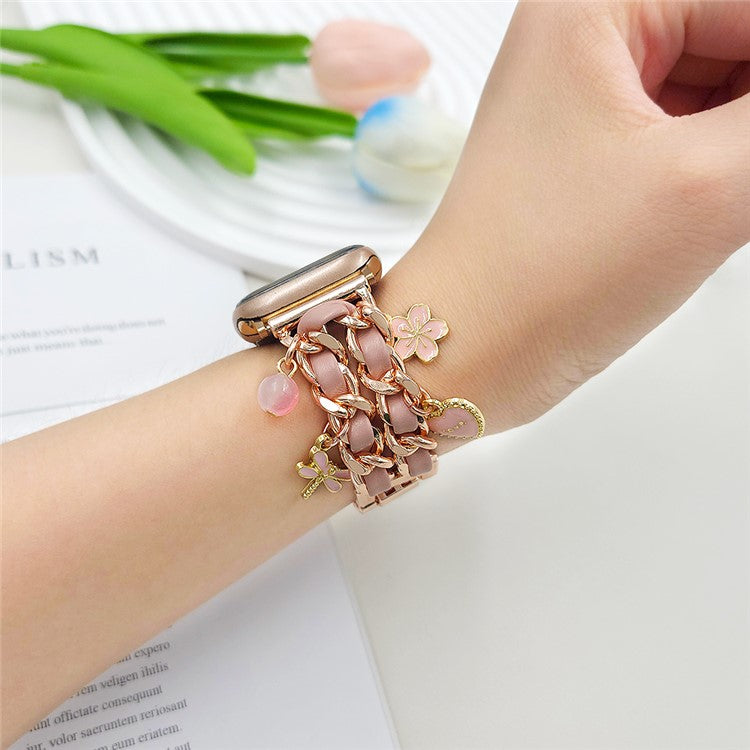 Watch Strap for Apple Watch Series 10 Ultra 9 8 7 SE 6 5 4 3 2 1 46mm 49mm 45mm 44mm 42mm Alloy+Leather Band with Butterfly and Flower Pendant - Rose Gold