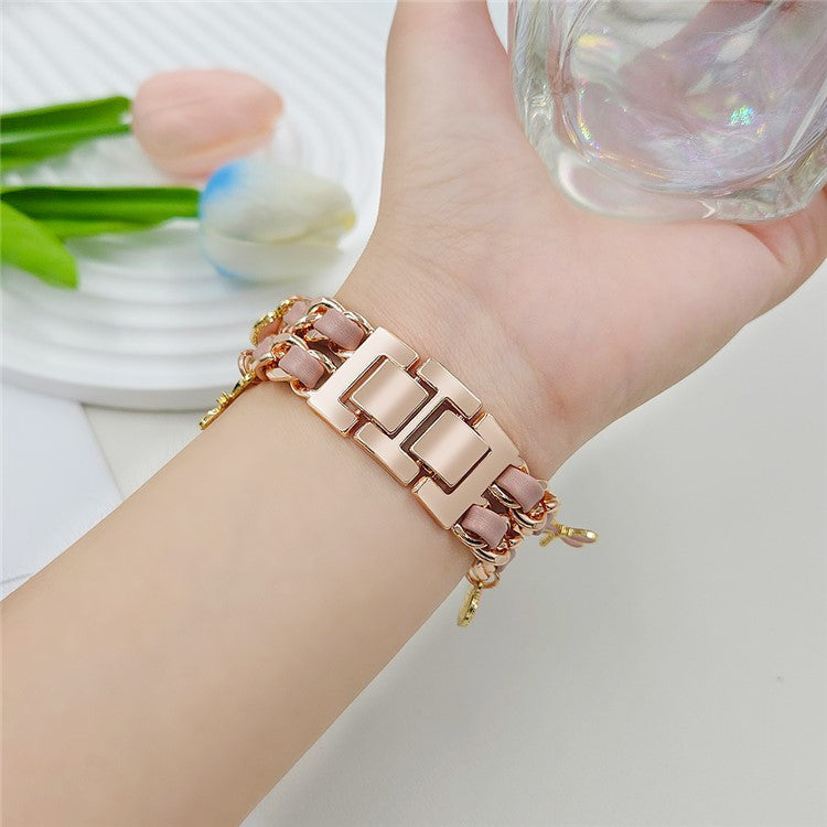 Watch Strap for Apple Watch Series 10 Ultra 9 8 7 SE 6 5 4 3 2 1 46mm 49mm 45mm 44mm 42mm Alloy+Leather Band with Butterfly and Flower Pendant - Rose Gold