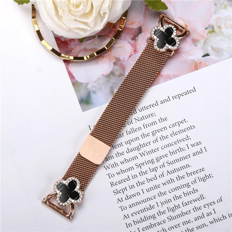For Samsung Galaxy Watch3 41mm Milanese Band Electroplated Stainless Steel Watch Strap Clover Decor, Size: S - Rose Gold / Black