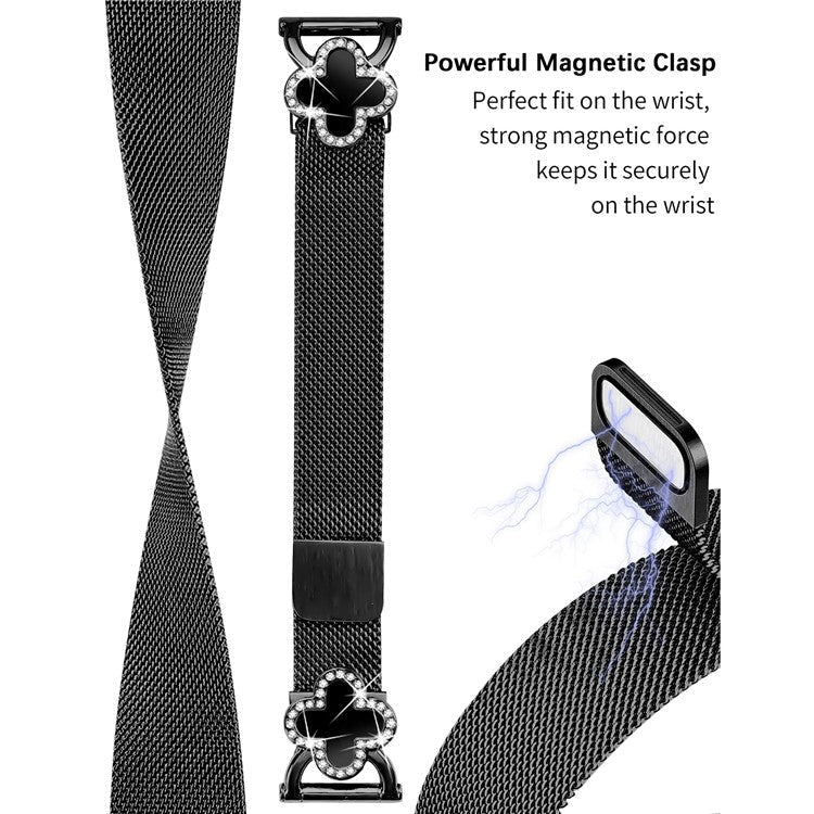 For Honor MagicWatch 2 42mm Milanese Band Stainless Steel Watch Strap Clover Decor, Size: S -  Black / Black