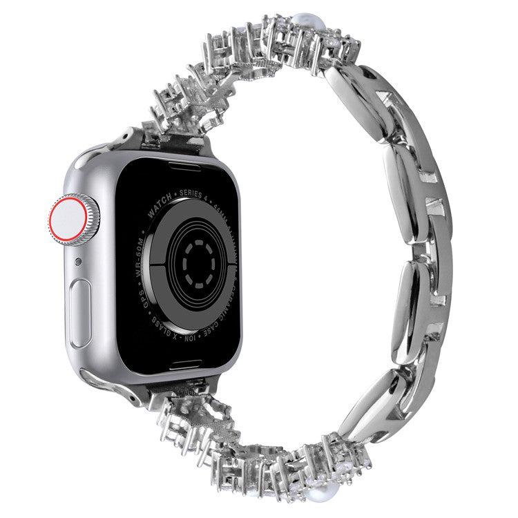 Watch Band For Apple Watch Series 10 Ultra 9 8 7 SE 6 5 4 3 2 1 46mm 49mm 45mm 44mm 42mm Metal Sparkling Pearl Bracelet Strap - Silver