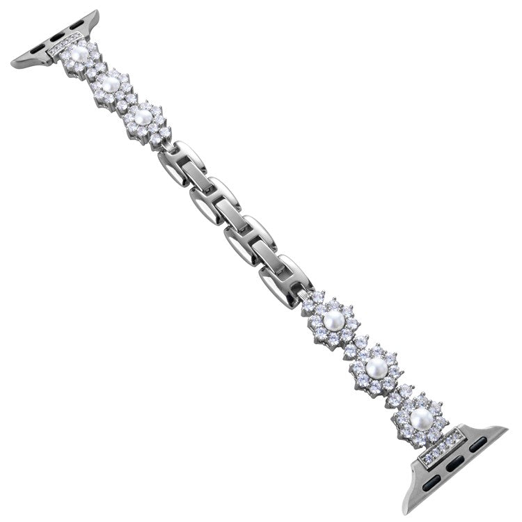 Watch Band For Apple Watch Series 10 Ultra 9 8 7 SE 6 5 4 3 2 1 46mm 49mm 45mm 44mm 42mm Metal Sparkling Pearl Bracelet Strap - Silver