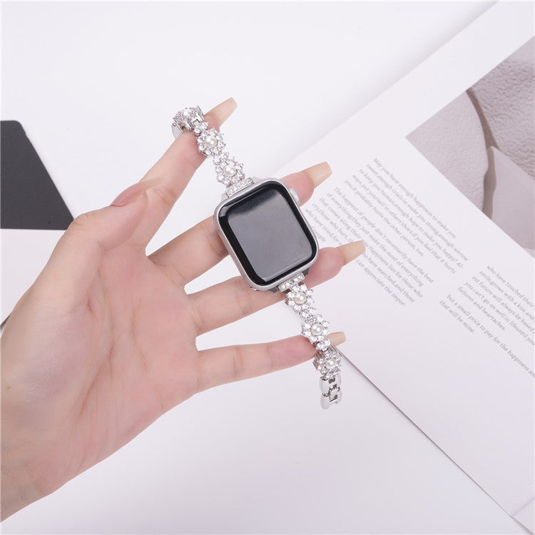 Watch Band For Apple Watch Series 10 Ultra 9 8 7 SE 6 5 4 3 2 1 46mm 49mm 45mm 44mm 42mm Metal Sparkling Pearl Bracelet Strap - Silver