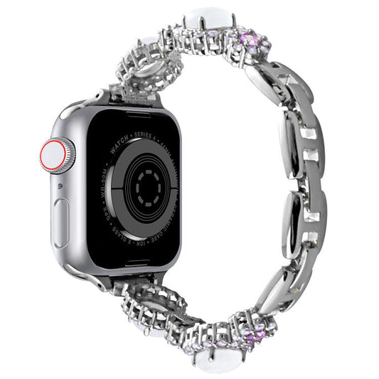 Watch Band For Apple Watch Series 10 9 8 7 SE 6 5 4 3 2 1 42mm 41mm 40mm 38mm Gemstone Design Metal Strap - Silver