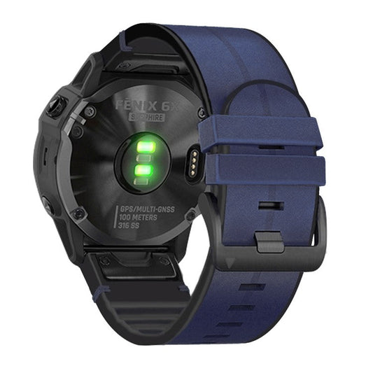 For Garmin Fenix 6X / 6X Plus  / 5X Plus / 3 / 3HR Watch Strap Genuine Leather + Silicone Wrist Band Replacement - Midnight Blue