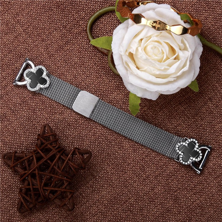 Milanese Band for Samsung Galaxy Watch Active2 40mm / 44mm Metal Magnetic Watch Strap Clover Decor, Size: L - Silver / Black