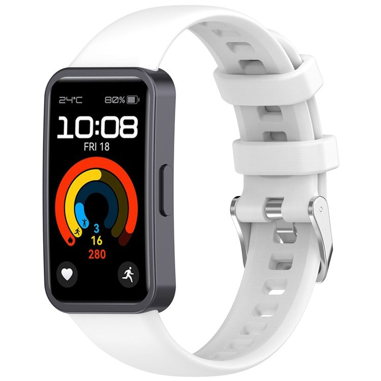Silicone Watchband For Huawei Band 9  /  8 Replacement Strap with Steel Silver Buckle - White