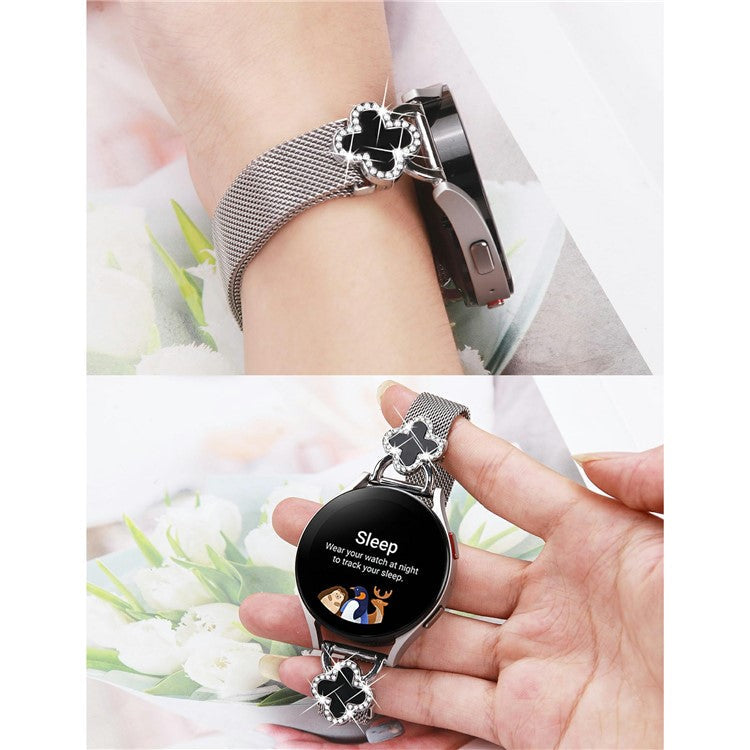 For Samsung Galaxy Watch Active Milanese Band Metal Magnetic Watch Strap Clover Decor, Size: L - Silver  /  Black
