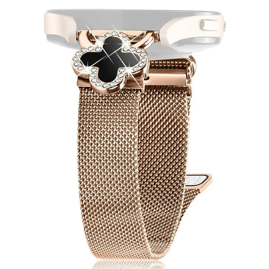 For GarminActive 5  /  vivoactive 5 Milanese Band Clover Decor Electroplated Stainless Steel Strap, Size: L - Rose Gold  /  Black