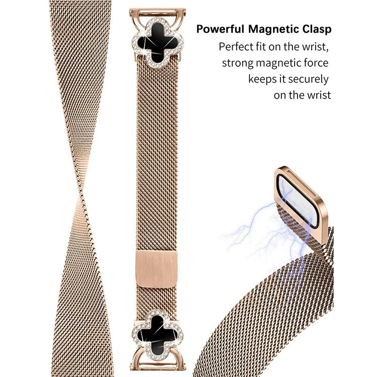 For GarminActive 5  /  vivoactive 5 Milanese Band Clover Decor Electroplated Stainless Steel Strap, Size: L - Rose Gold  /  Black
