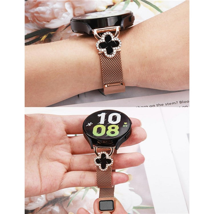 For GarminActive 5  /  vivoactive 5 Milanese Band Clover Decor Electroplated Stainless Steel Strap, Size: L - Rose Gold  /  Black